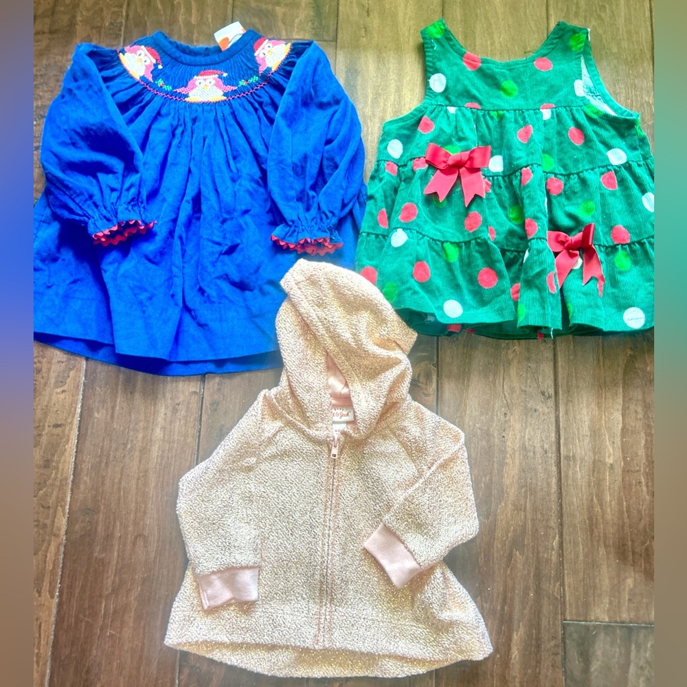 Infant Dress Bundle Blue Smocked Dress 9 m, Green Dress 3-6 m, Gold Hoodie 0-3 m